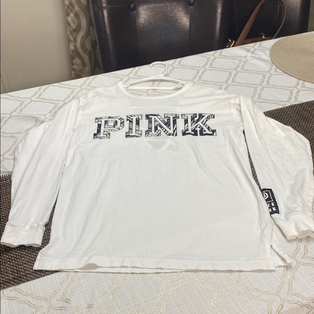 PINK Victoria's Secret White Long Sleeve Tee with Black Lettering